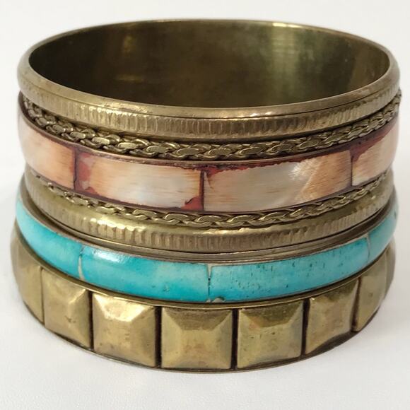 Vintage Brass Hand Crafted Mother of Pearl Inlay Bangles Bracelet Set Lot of 3 - Picture 8 of 16